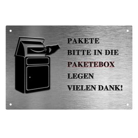 "Paktete bitte in die Paketebox legen" – Parcel Box Sign 20 cm x 30 cm Rustproof Aluminium Weatherproof (German Silver 2331)
