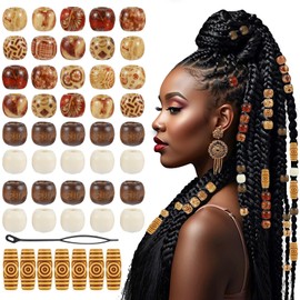Larrel Pack of 60 Printed Wooden Beads, Natural Wooden Beads with Large Hole, Retro Hair Beads, Hair Accessories for Braids, Wooden Craft Beads, Hair Tube Decoration for DIY Jewellery, Dreadlocks