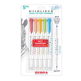 Zebra Pen Mildliner Dual-Tip Dot Stamp Marker, Water-Based Pigment Ink, Extra Fine Bullet & Dot Stamp Tips, Assorted Colors, 5-Pack (73405)