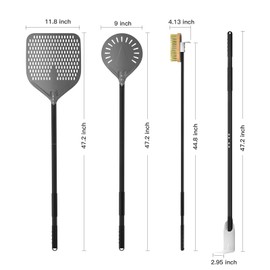 G.a HOMEFAVOR 4-Piece Pizza Tool Set - 12" × 15" Perforated Aluminum Pizza Peel, 9" Round Turning Peel, Pizza Oven Cleaning Brush, Ash Rake, Pizza Oven Accessories, Pizza Kit for Pizza Lover