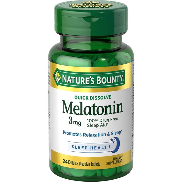 Melatonin by Nature's Bounty, 100% Drug Free Sleep Aid, Dietary Supplement, Promotes Relaxation and Sleep Health, 3mg, 240 Quick Dissolve Tablets
