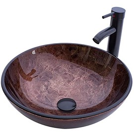 YIMAI Ingenuity Vessel Sink 16.5" Bathroom Sinks Tempered Glass Brown Art Basin Round Bowl with Faucet Combo