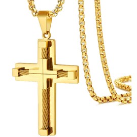 JUNOVUROS Cross Pendant Necklace for Men, Jesus Christ 316L Stainless Steel 20 to 28 In Rolo/24 In Byzantine Chain, 2 Sizes of Religious Jewelry with Silver/Gold/Black/Multicolor
