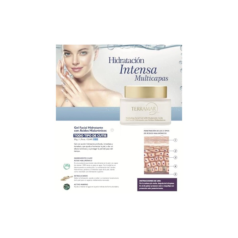 Terramar Gel Facial Hidratante con Ácidos Hialurónicos, 50g, Hidratación Intensa