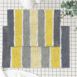 Chardin home Cordural Stripes Bath Mat, Set of 2 Bath Rugs (17 Inches x24 Inches & 21 Inches x34 Inches) | Non Slip Bathroom Rug, Machine Washable, Plush, Highly Absorbent | Yellow- Grey & White