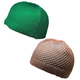 AMN-341 - Gorro de calavera musulmana para el Islam Oración Crochet Takke Kufi, regalo de Eid Ramadan, Verde y marrón, Large