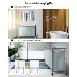 ROMOON Laundry Sorter with Hanging Bar, 4 Section Laundry Hamper with Heavy Duty Wheels, Laundry Basket Organizer with Hanging Clothing Rack, Grey