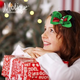 Motique Accessories Christmas Hair Clip for Girls - Red, Green Christmas Tree Printed Bow with Silicone Charm - 4.5 x 2.5 x 2.5 inches - 1 Count (Pack of 1) - Clip Closure - Girls' Department