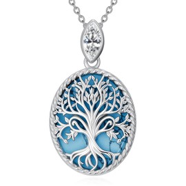 Tree of Life Oval Necklace, 925 Sterling Silver 0.5 Carat Marquise-Cut Moissanite and Turquoise/Abalone Shell/Opal/Malachite/Agate Tree of Life Oval Pendant Necklaces Jewelry Gift for Women Mom (Style 1)
