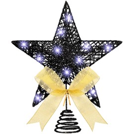 Sumind 12 Inch Christmas Tree Topper Glittered Star Treetop Ornaments with Bow and 30 LED String Light for Christmas Tree Indoor Holiday Party Decoration(Black)