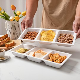 ZAROCRUS Divided Serving Tray, 14.75”x 6” Reusable 3-Section Party Platters, Condiment Serving Dishes for Entertaining, Ideal for Snacks, Appetizers, Fruit, Candy, Chip & Dip Set,White