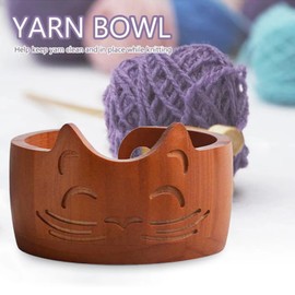 RoseFlower Wooden Yarn Bowl, 6.5 Inch Yarn Bowl with Cat Face Wool Bowl, Yarn Storage with Carved Holes for Knitting Crochet for Home