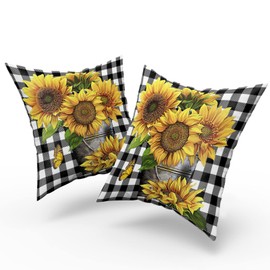 Sunflower Pillow Cover Set of 2 Black Buffalo Plaid Yellow Floral with Butterfly Cotton Decorative Throw Pillow Case Cushion Cover for Bedroom Sofa Living Room Couch Chair Office 18 x 18 Inch