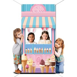 WADORN Door Banner with Photo in the Background "Ice Cream Shoppe" Ice Cream Theme Large Fabric Photo Door Background Props Decor Ice Cream Face In Hole Photo Background Party Accessories 90 x 180 cm
