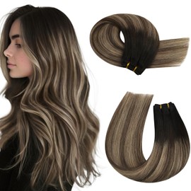 Moresoo Weft Hair Extensions Human Hair Balayage Remy Brown Wefts Sew in Black to Brown Mixed Caramel Blonde Ombre Sew in Human Hair Extensions Double Weft 18Inch 100G