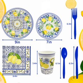 Capri Lemon Party Supplies - Mediterranean Lemon Party Tableware Serves 24 Guest Includes Party Plates Spoons Forks Cups Napkins Party Pack for Birthday Baby Shower Decoration Party Favor Supplies