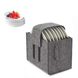 YFaith Plate Holder Motorhome, Felt Plate Holder Camping, 8 Compartments Motorhome Plate Holder, Grey Felt Tableware Holder Box with Handle, for Storing Plates of a Diameter Under 26 cm