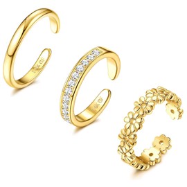Diamday 3PCS 14K Gold Filled Toe Rings for Women Adjustable Gold Toe Ring Set Open Band Simple CZ Daisy Flower Toe Rings Hawaiian Summer Beach Foot Jewelry for Women 1
