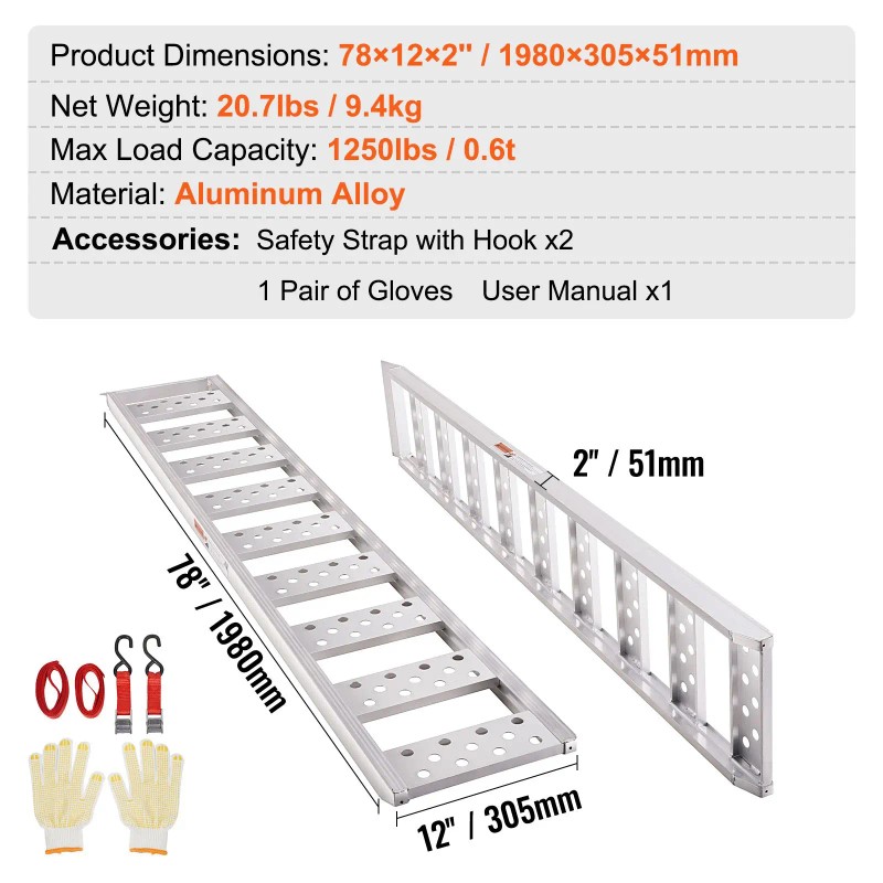 Portable 1250lbs Aluminum Loading Ramps with Straight Ramp Treads and