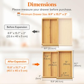 Lifewit Utensil Drawer Organizer, Expendable Cooking Silverware Tray for Kitchen Drawer, Bamboo Adjustable Cutlery Flatware Holder, Spatula Tools and Gadgets Storage Divider, 3 Compartments, Natural