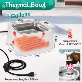 Large Heated Water Bowl for Outdoor Dog & Cat, Outside Animal Waterer With Removable Stainless Bowl, No Freeze Pet Dish for Rabbit, Chicken, Poultry, Squirrel