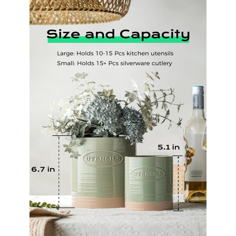 YHOSSEUN Kitchen Utensil Holder, 6.7"+5.1" Ceramic Utensil Holder for Kitchen