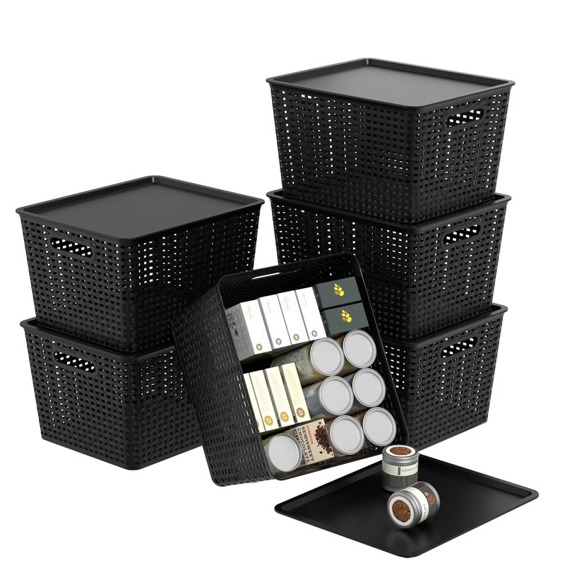 Morcte 6-Pack Black Stackable Plastic Storage Baskets with Lids