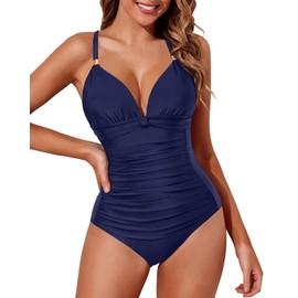 Aqua Eve - Traje de baño de una pieza con control de abdomen para mujer, traje de baño adelgazante, Azul marino, L