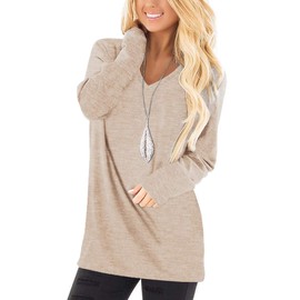 Long Sleeve Shirts for Women Fall 2024 Vintage V Neck Tunic Tops Loose Fit Khaki 3XL