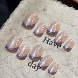 Square Press on Nails Short Purple French Tip Chrome Press on Nails Designs Glue on Nails Full Cover Reusable Acrylic Stick on Nail for Women Nail Manicure Decoration 24 Pcs