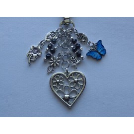 HANDMADE BLUE BUTTERFLY FLOWER HEART FLOWERS KEY CHAIN BAG CHARM PURSE CLIP FOB JOURNAL