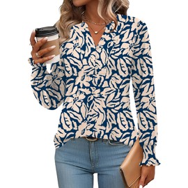 Ivicoer Women Shirts Womens Tshirts Cotton Loose Fit Long Sleeve Shirts for Women V Neck Fall Clothes Henley Tops XL Blue Floral