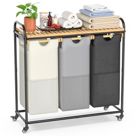 Laundry Hampers 3 Section, Laundry Sorter with Removable Shelf and Pull-Out Bags, Clothes Hampers with Wheels Rolling Cart Basket for Laundry Room Bathroom, 3 x 40 L (Black White Gray)