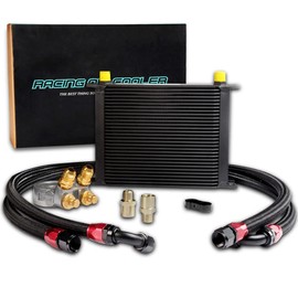 PIT66 Universal AN10 Engine Transmission Oil Cooler Sandwich Plate Kit, Compatible with Japanese Model 30 Row, Black Aluminum with Filter Thermostat Adapter Kit C Set 1