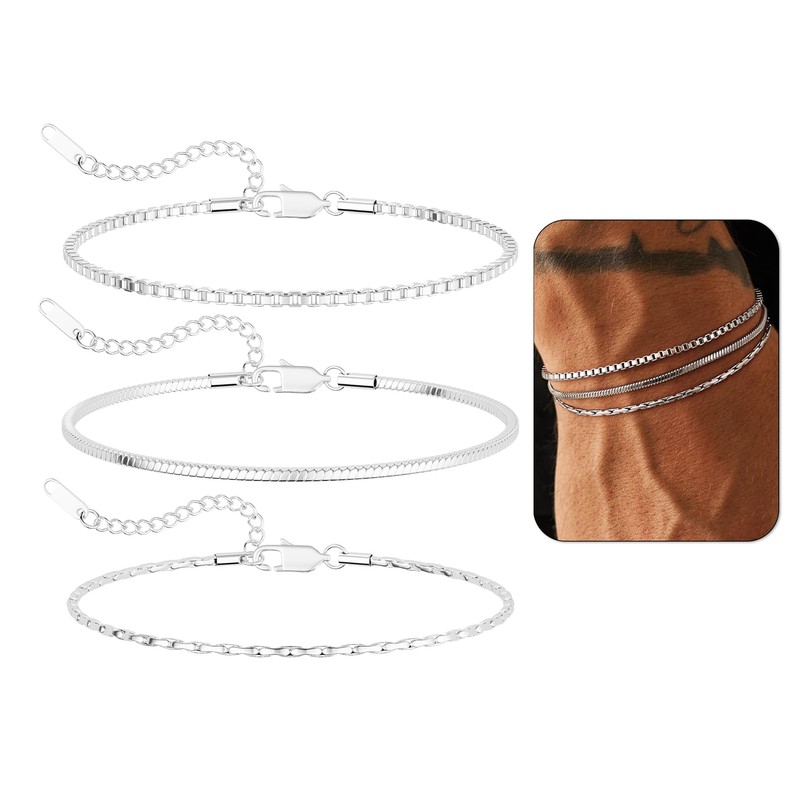 HEVOCY 3-Piece Silver Bracelet Set for Men, Thin Stainless Steel