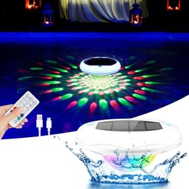 Solar Pool Chlorine Floater with 13 Colors Light, Floating Pool Lights with USB Charging, 2600mAh 6.7 Inch IP68 Waterproof Upper and Lower Glow Adjustable Release Chlorine Dispenser for Pool 2 PACK