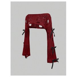 GORGLITTER Women's Hollow Out Sheer Bolero Shrugs Boat Neck Long Sleeve Sexy Crop Jumper Sweater Ripped Crochet Tops Burgundy Bow Small