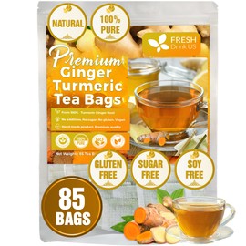 Premium 85 Turmeric Ginger Tea Bags, 100% Natural Ingredients, Hand-made Blend of Turmeric and Ginger, Eco-conscious Tea Bags. Turmeric Ginger Herbal Tea. No Sugar, No Caffeine, No Gluten, Vegan.
