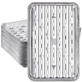 SEEWEY 50 Pcs Aluminum Broiler Pans 13.4 x 8.8 x 0.7 Inch Disposable Aluminum Foil Pans with Holes Aluminum Grill Liner Topper with Ribbed Bottom Surface for BBQ Grilling Trays Foil Grill Drip Pans