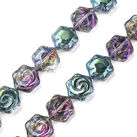 UR URLIFEHALL 200 Pcs AB Crystal Flower Glass Beads Dark Cyan Electroplate Flat Hexagonal Glass Beads Floral Cameos Beads Strands for Crafts