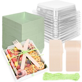 Whaline Whaline 50 Set Sage Green Small Charcuterie Boxes with Clear Lids Forks Knives Clear Mini Dessert Boxes Disposable Food Containers for Sandwich Cookies Sushi Cake Fruits