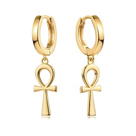 FETTERO Gold Plated Hoop Dangle Earrings Lightweight Drop Huggie Hoop Earrings for Women Hypoallergenic Earrings Dainty Wear -Ankh Cross Hoops