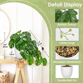 DILATATA Fake Plants Indoor 9 Inch Artificial Monstera Plant in White Plastic Pot - Faux Potted Tropical Palm Plant for Home Aesthetic Decor Living Room Shelf Office
