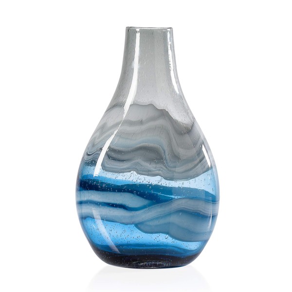 Torre & Tagus Andrea Handmade Swirl Glass Bulb Vase for Home Decor Living Room Centerpiece & Home Office, Tall, Blue