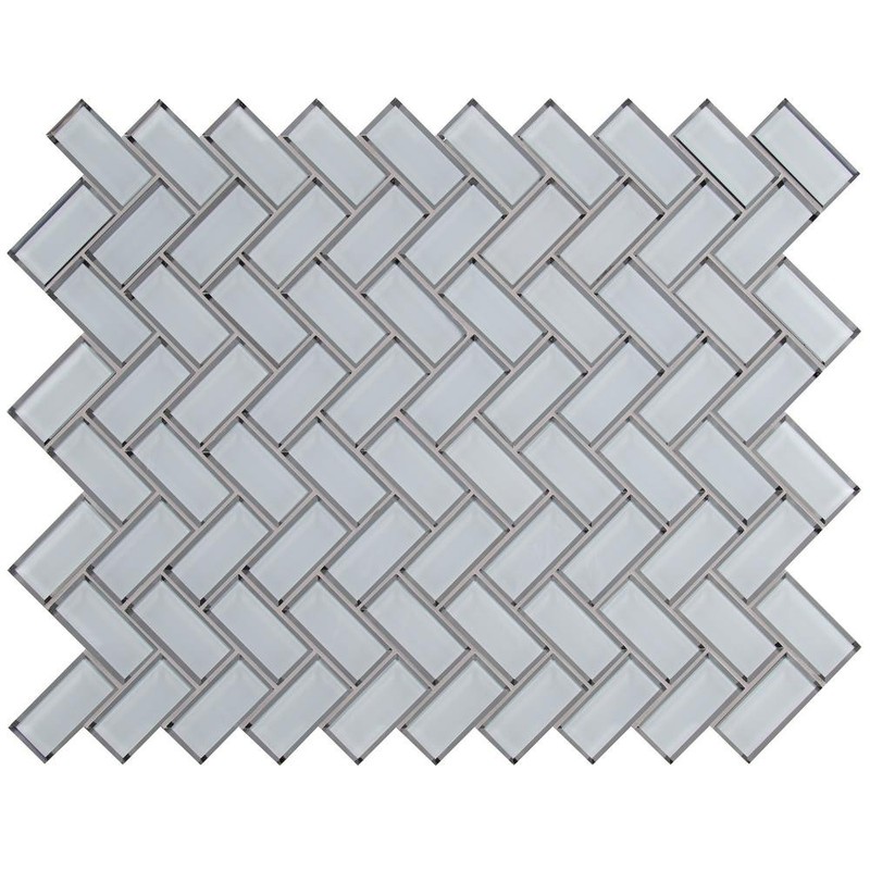 White Glass Mirror Beveled Herringbone 2'' x 4'' Tile Kitchen
