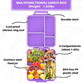 WAKSOX Bento Lunch Box for Kids Lunch Containers 4 Compartments with Soup Thermos for Hot and Cold Food Jar/Spoon/Lunch Bag Insulated Leak Proof for Girls to School (Lunch Box Set Purple (Rainbow)