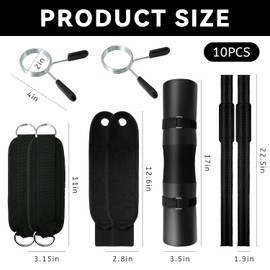 EQUNROY Hip Thrust Pad Set 10 PCS Barbell Pad with Carrying Bag, 2 Gym Ankle Straps, 2 Lifting Straps, 2 Wrist Wraps, 2 Barbell Clamps for Squat, Hip Thrust Workout Kit