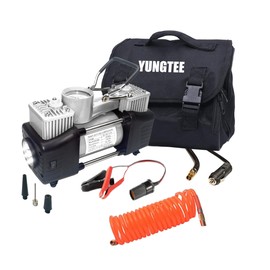 YUNGTEE Sliver Tire Inflator Heavy Duty Double Cylinders Direct Drive Inflation Pump,12V Portable Air Compressor Pump with Emergency LED Light - 150PSI Tire Pump,Apply to Car,Suv,RV
