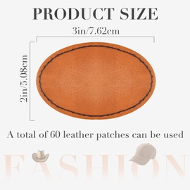 60 Pcs Blank Leatherette Hat Patches with Adhesive Oval Leatherette Rectangle Patch Faux Leather Patches for Hats Custom Fabric Repair Sew Laser Supplies, 3 x 2 Inches (Khaki)