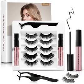 Magnetic Eyelashes with Eyeliner Kit, (5-Pairs) Reusable Eyelashes, Magnetic lashes Natural Looking with Eyeliner & Tweezers, Easy to Wear-No Glue Needed